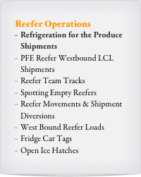 Reefer Operations
Refrigeration for the Produce Shipments
PFE Reefer Westbound LCL Shipments
Reefer Team Tracks
Spotting Empty Reefers
Reefer Movements & Shipment Diversions
West Bound Reefer Loads
Fridge Car Tags
Open Ice Hatches