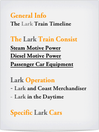 General Info
The Lark Train Timeline

The Lark Train Consist
Steam Motive Power
Diesel Motive Power
Passenger Car Equipment

Lark Operation
Lark and Coast Merchandiser
Lark in the Daytime

Specific Lark Cars