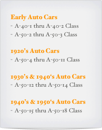Early Auto Cars
A-40-1 thru A-40-2 Class
A-50-2 thru A-50-3 Class

1920’s Auto Cars
A-50-4 thru A-50-11 Class

1930’s & 1940‘s Auto Cars
A-50-12 thru A-50-14 Class

1940’s & 1950‘s Auto Cars
A-50-15 thru A-50-18 Class