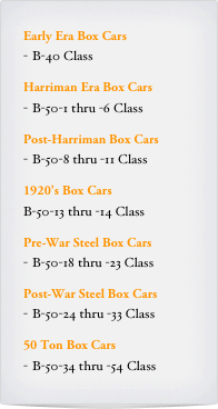 Early Era Box Cars
B-40 Class

Harriman Era Box Cars
B-50-1 thru -6 Class

Post-Harriman Box Cars
B-50-8 thru -11 Class

1920’s Box Cars
B-50-13 thru -14 Class

Pre-War Steel Box Cars
B-50-18 thru -23 Class

Post-War Steel Box Cars
B-50-24 thru -33 Class

50 Ton Box Cars
B-50-34 thru -54 Class